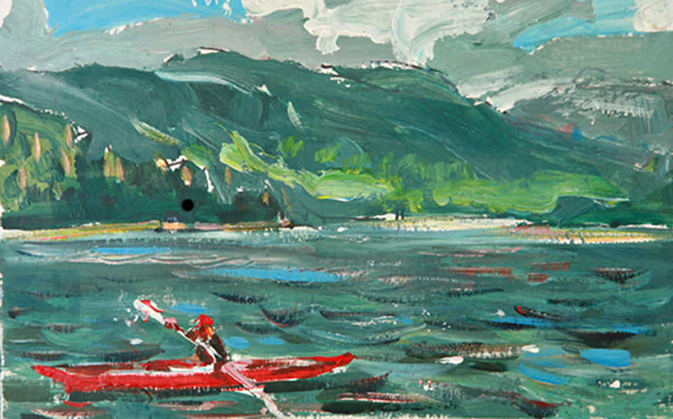 Summer sketch down by Kootenay Lake. Kayaker flies by and is captured in a moment with a few 