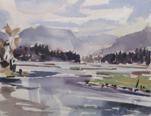 Watercolour of early Spring river scene in the Slocan Valley B.C. Canada