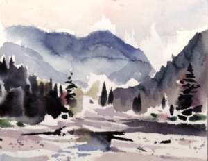 Painting in watercolour of river scene.